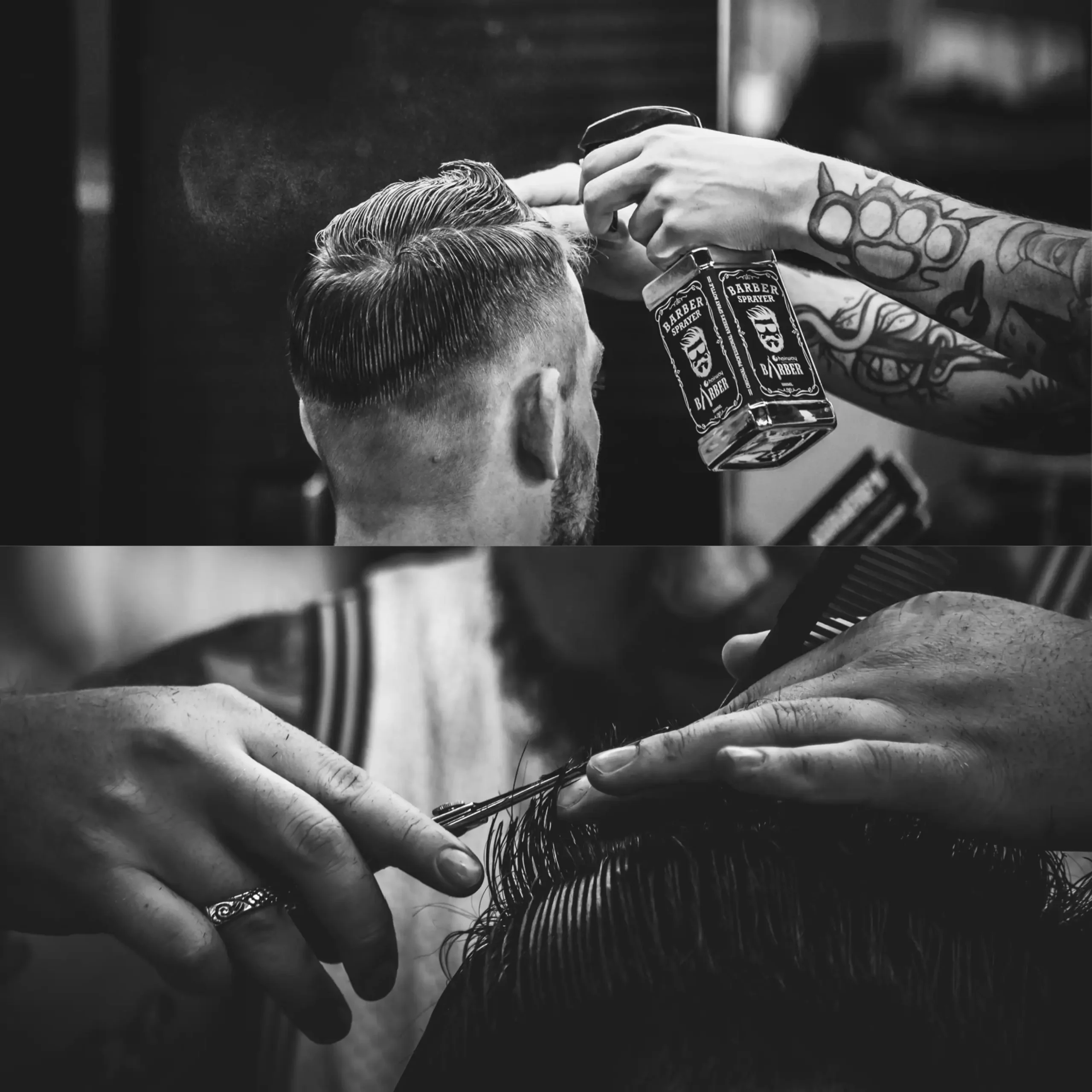 Barber psikający wodą fryzurę klienta i obcinający włosy przy pomocy nożyczek.