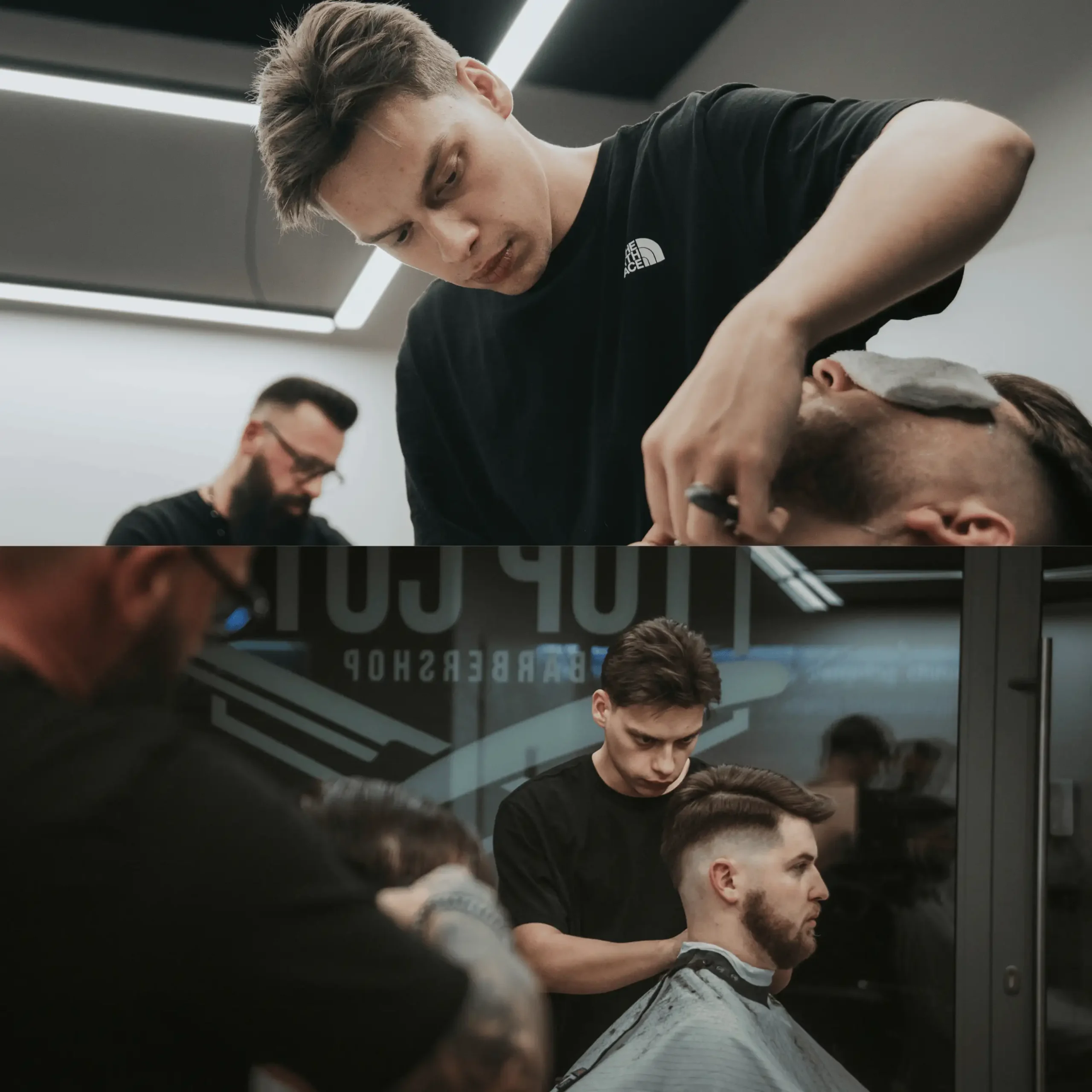 Barber strzyżący brodę klienta w dwóch pozach.