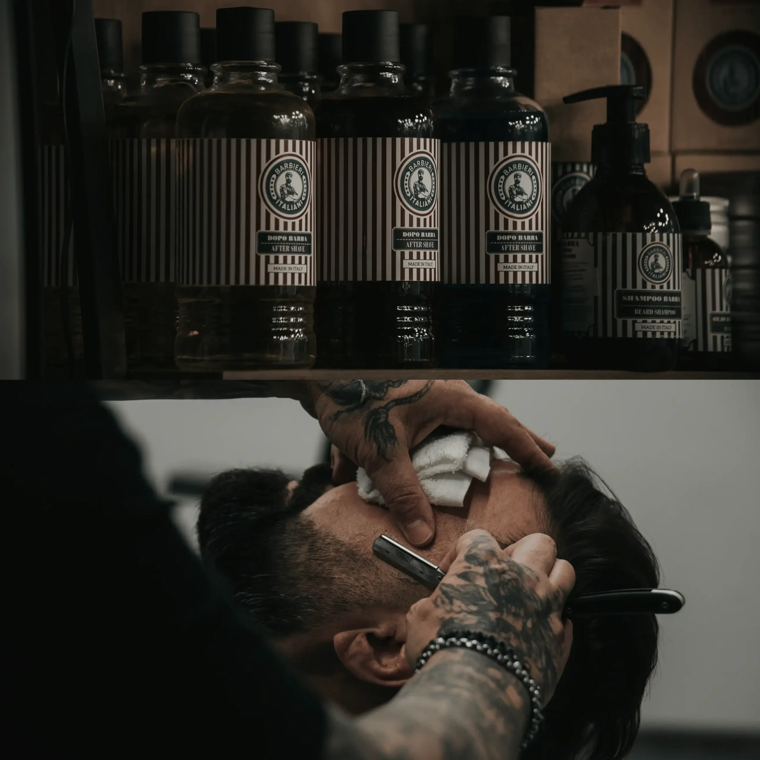 Barber strzyżący brodę klienta, w tle widnieją kosmetyki barberskie.