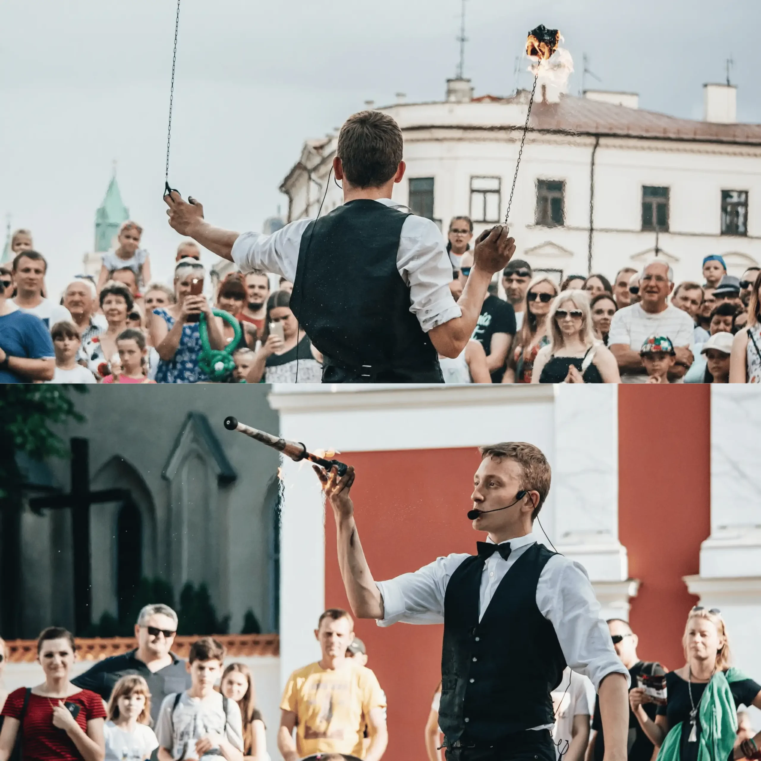 Iluzjonista podczas pokazu prezentujący zgromadzonemu tłumowi sztuczkę.