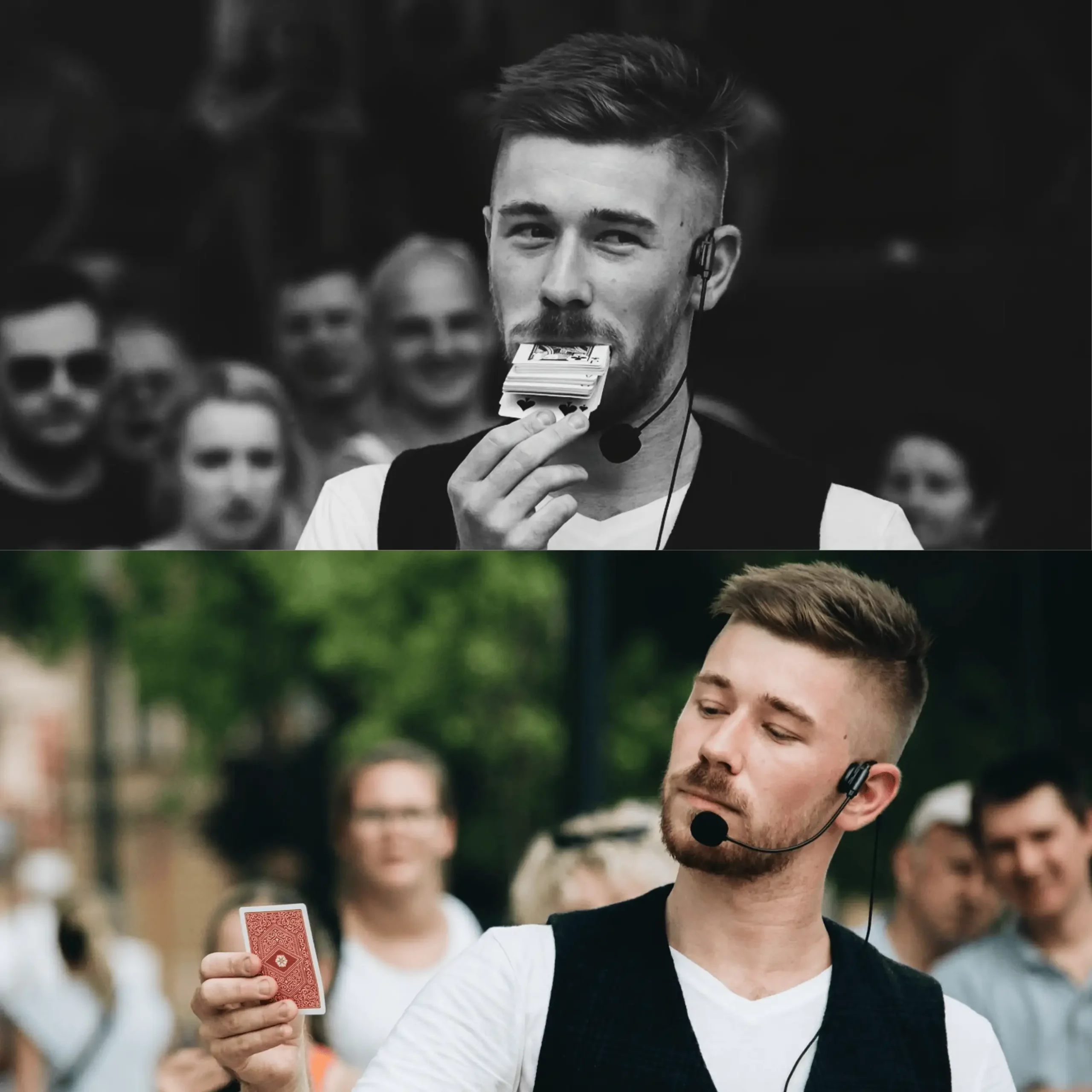 Iluzjonista z talią kart podczas pokazu.