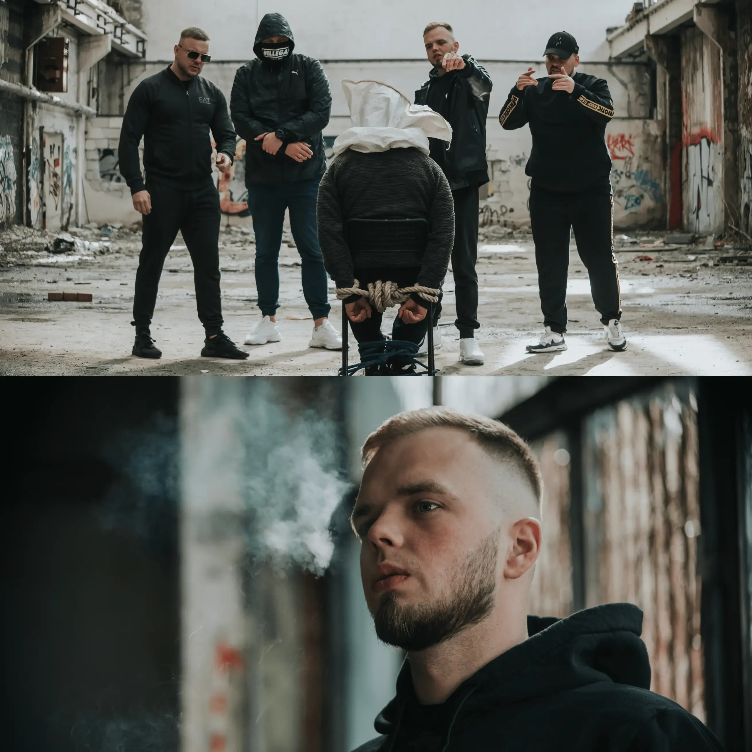 Grupa mężczyzn w czarnych ubraniach obok osoby przywiązanej do krzesła z workiem na głowie.