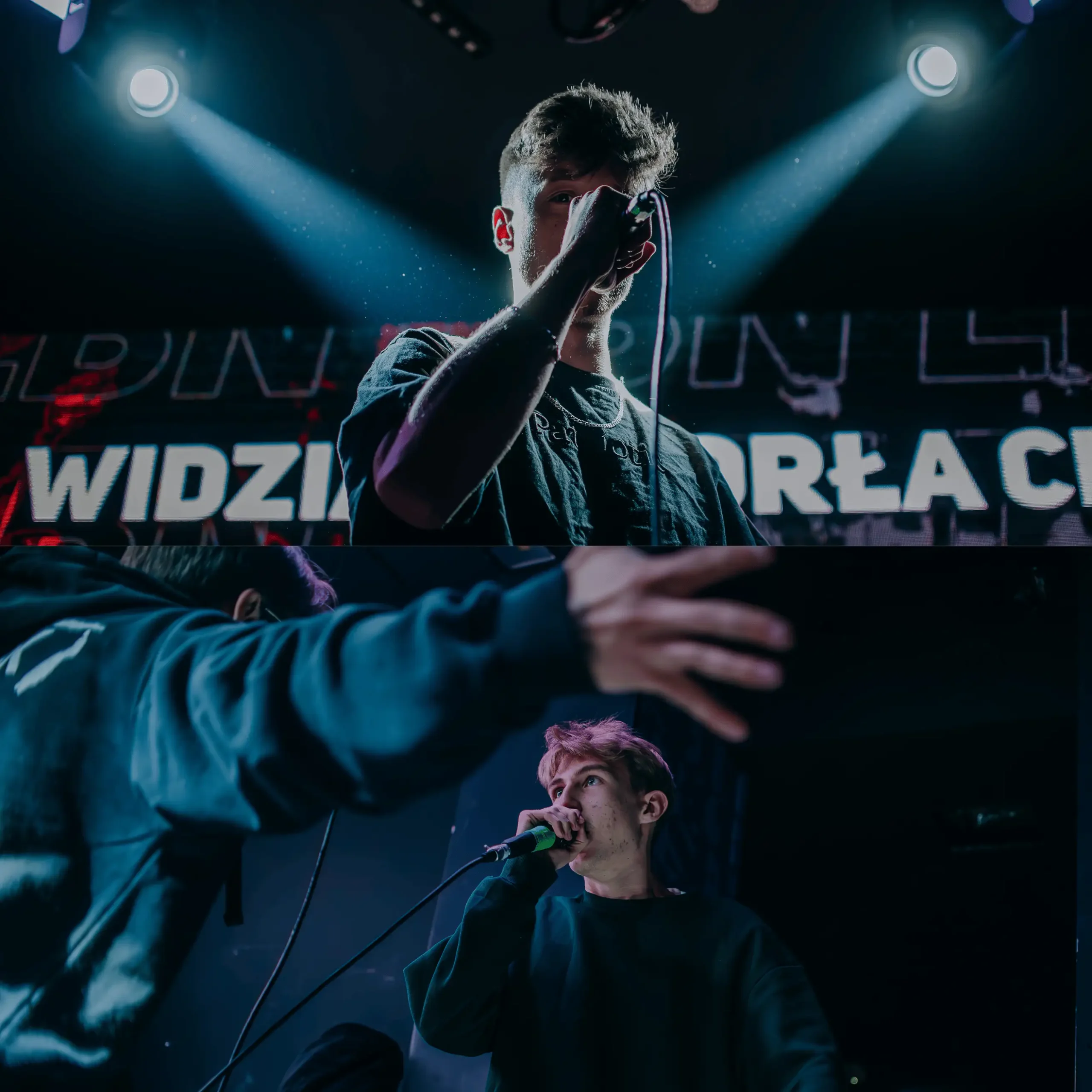 2 zdjęcia przedstawiające młodego mężczyznę śpiewającego na koncercie.