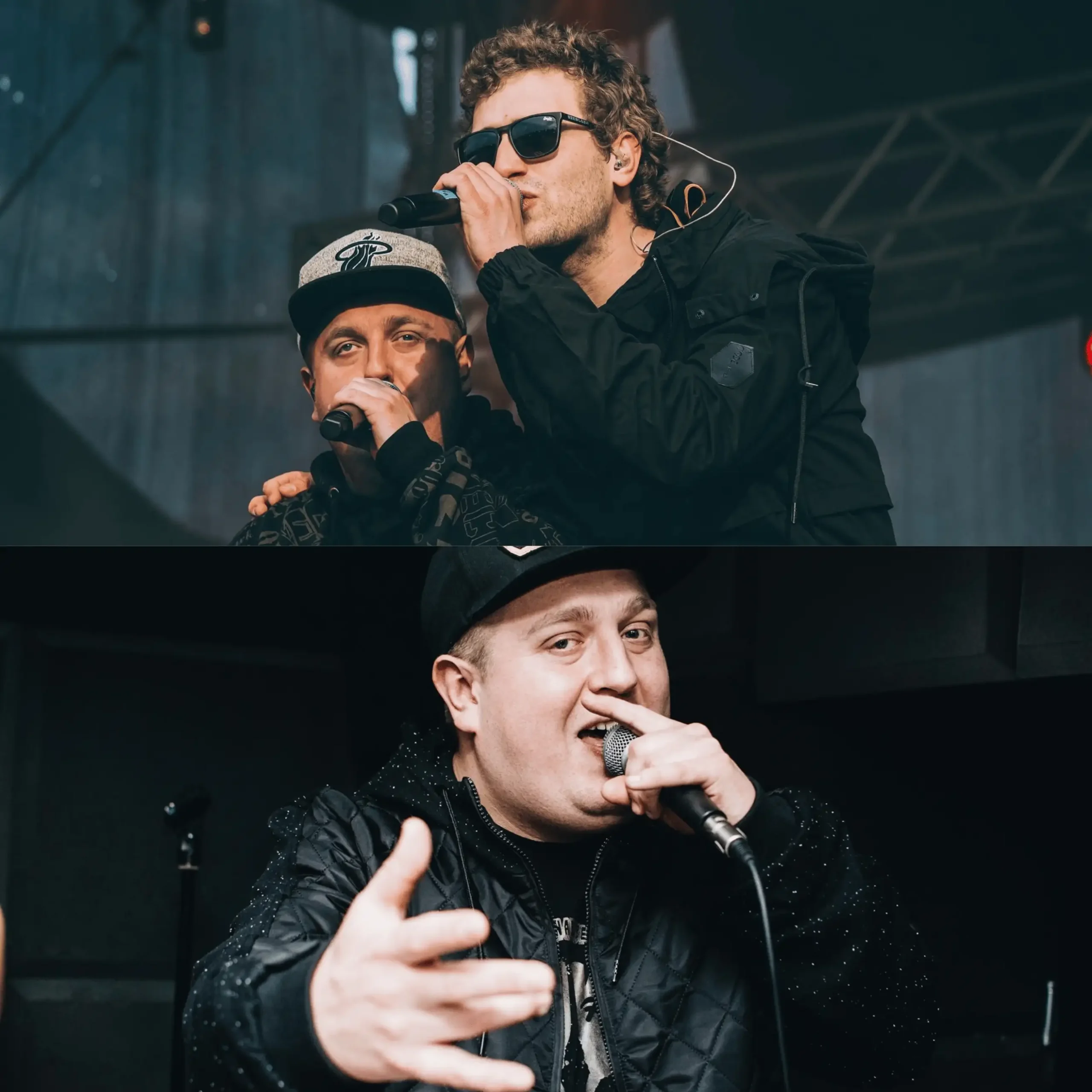 Duet mężczyzn rapujących na koncercie.