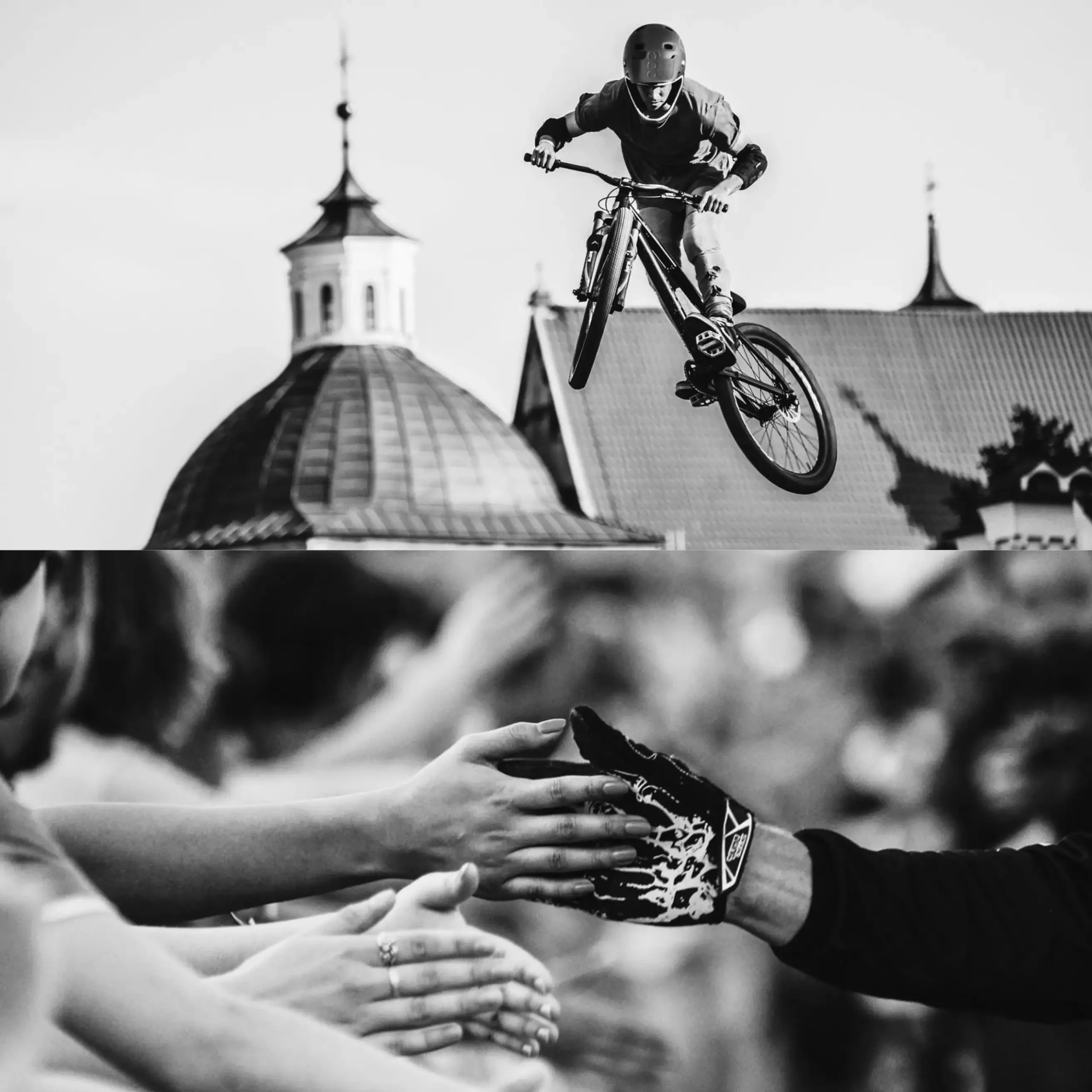 Zawodowy rowerzysta wykonujący akrobacje na rowerze i przybijający piątkę z ludźmi.