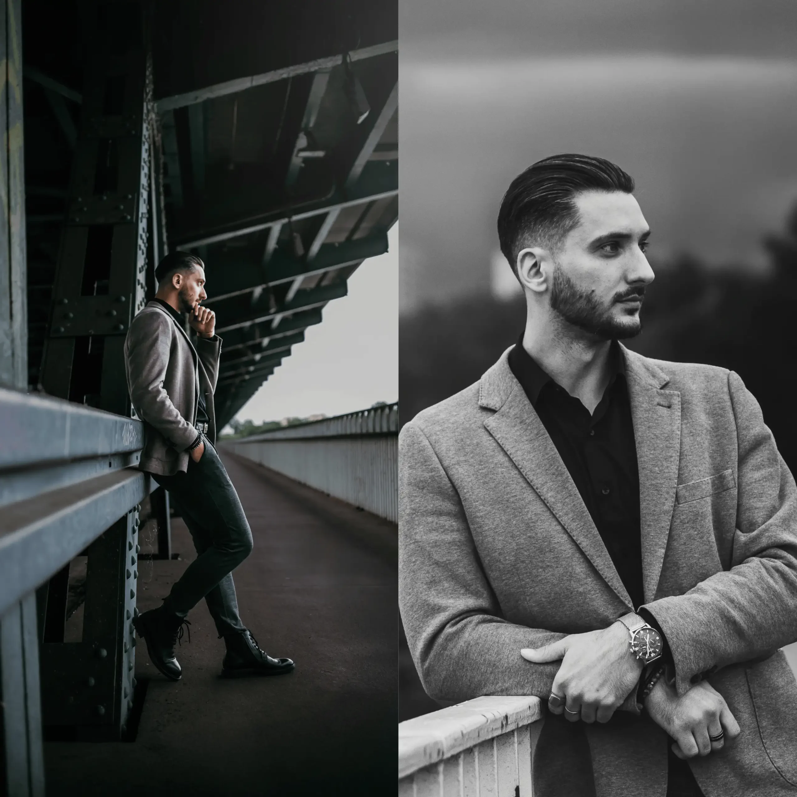Elegancko ubrany mężczyzna w ciemnych włosach w dwóch pozach wizerunkowych.