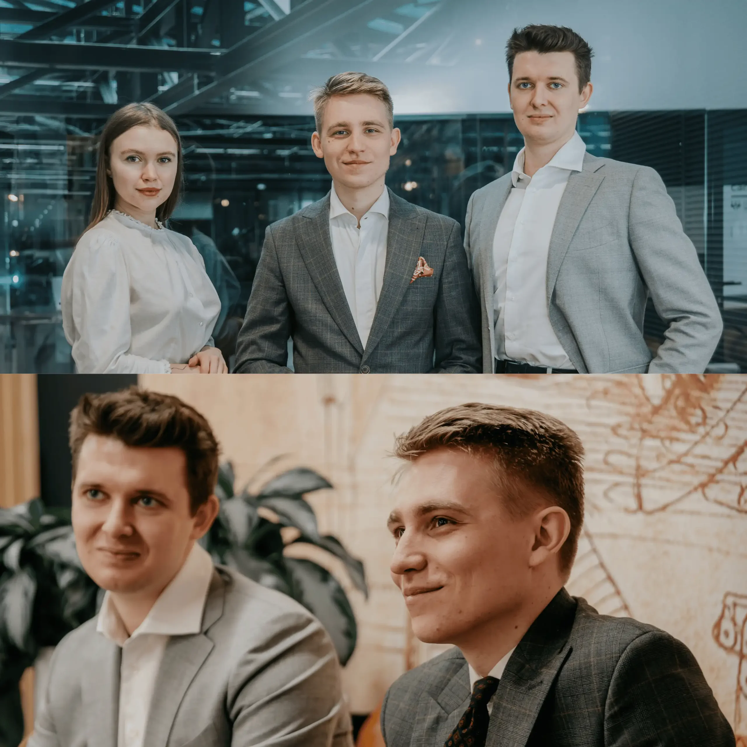 Zespół elegancko ubranych pracowników w dwóch pozach.