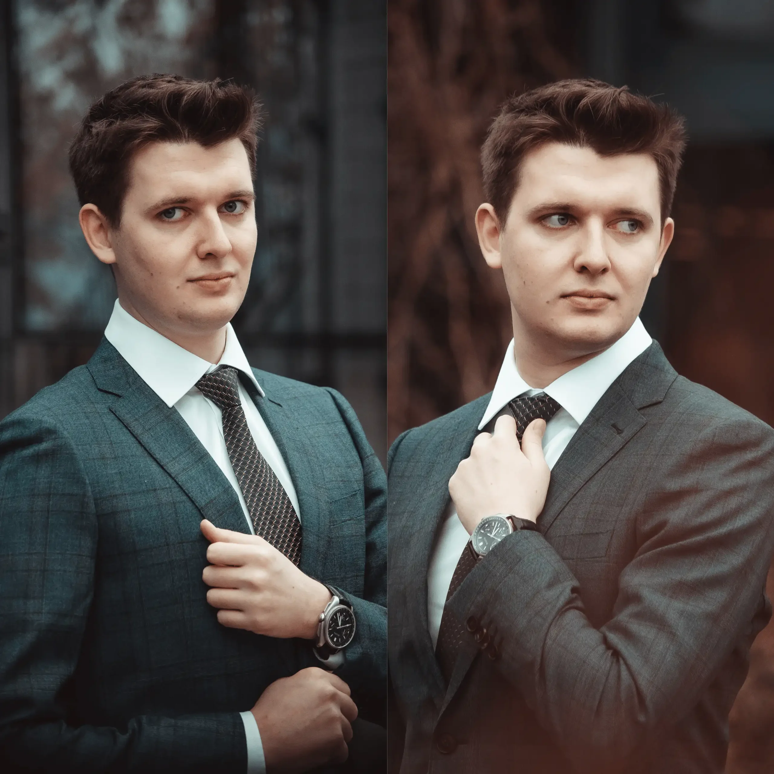 Mężczyzna w eleganckim garniturze w dwóch pozach wizerunkowych.