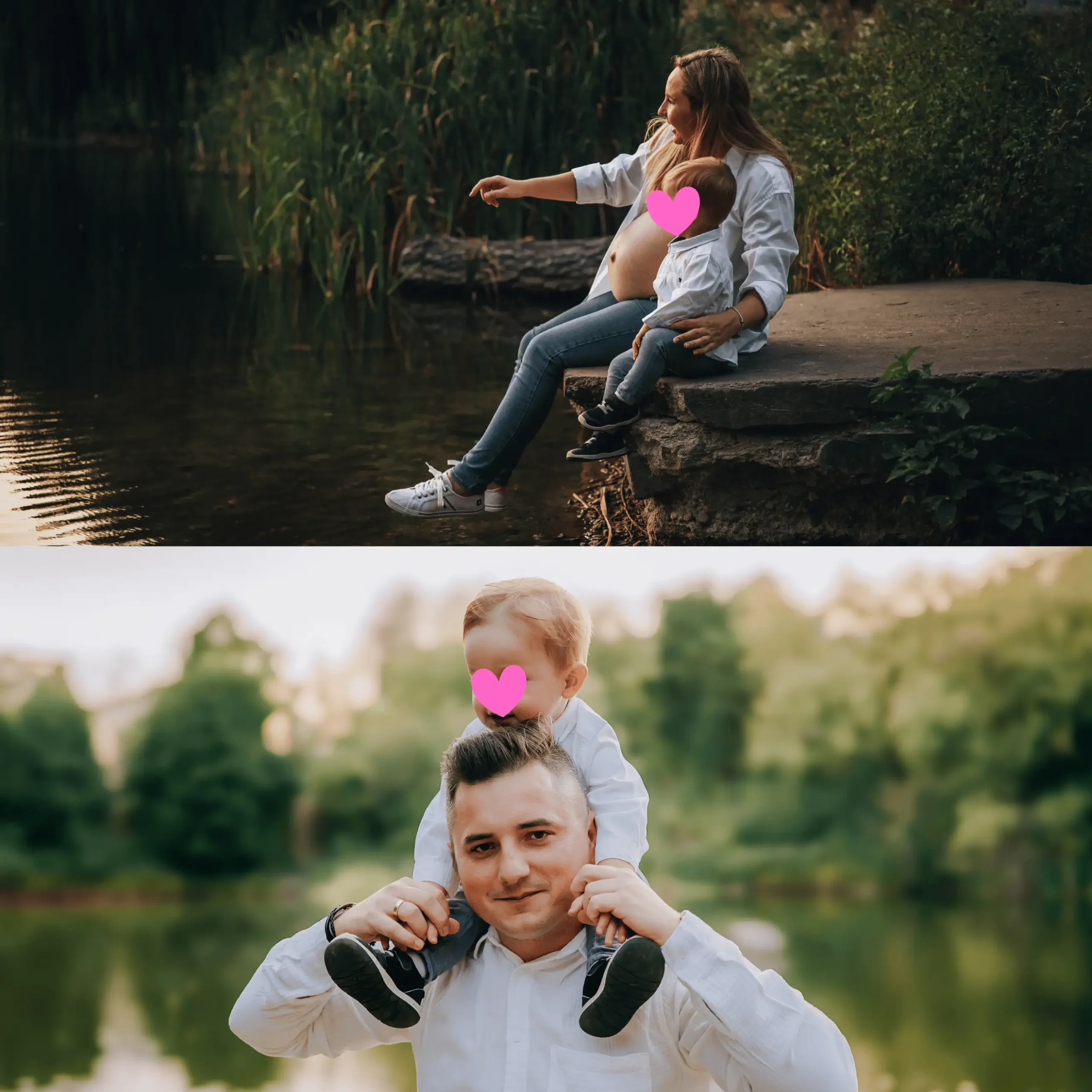 Rodzice z dzieckiem nad brzegiem jeziora z lasem w tle.
