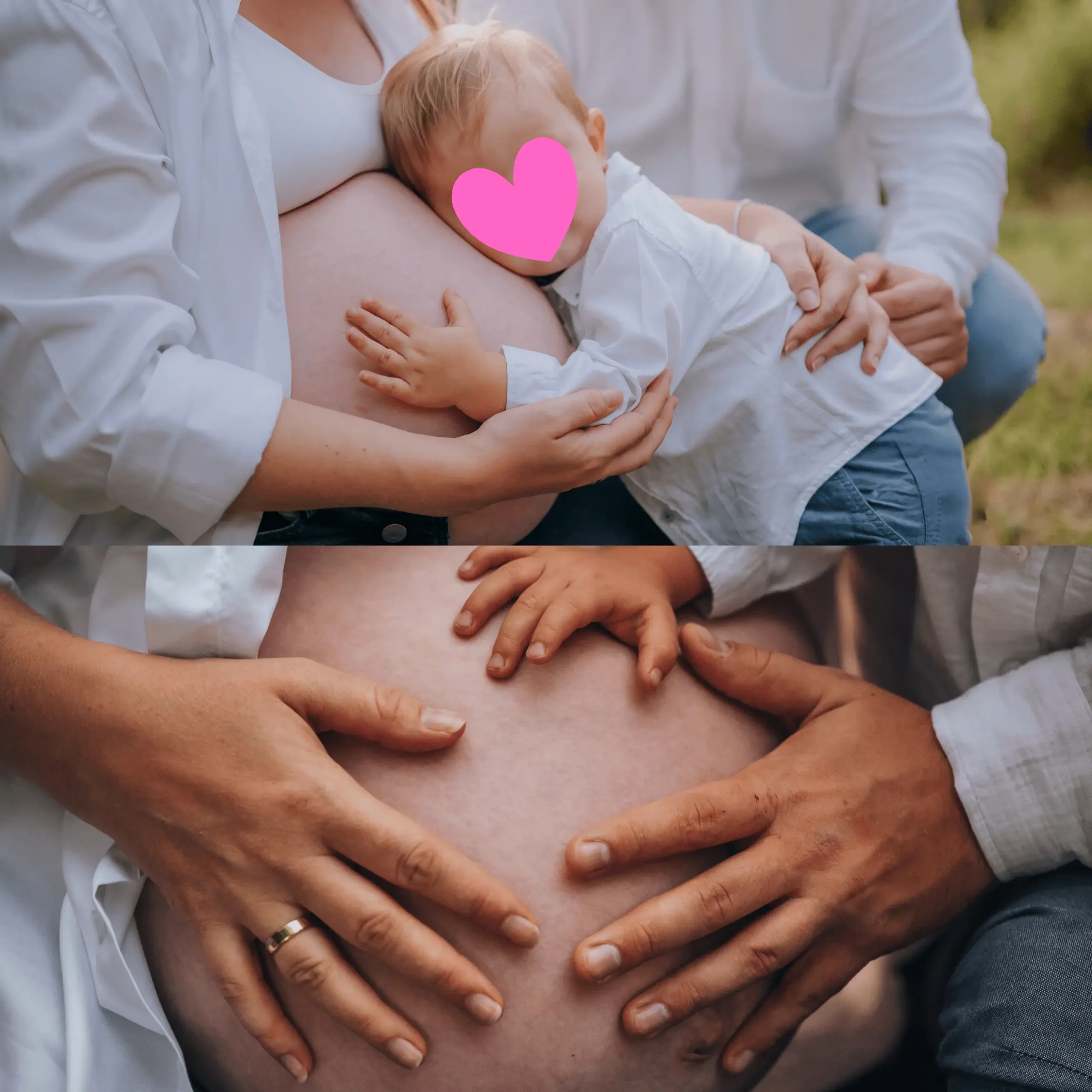 Rodzice z dzieckiem przytulający brzuch mamy w ciąży.