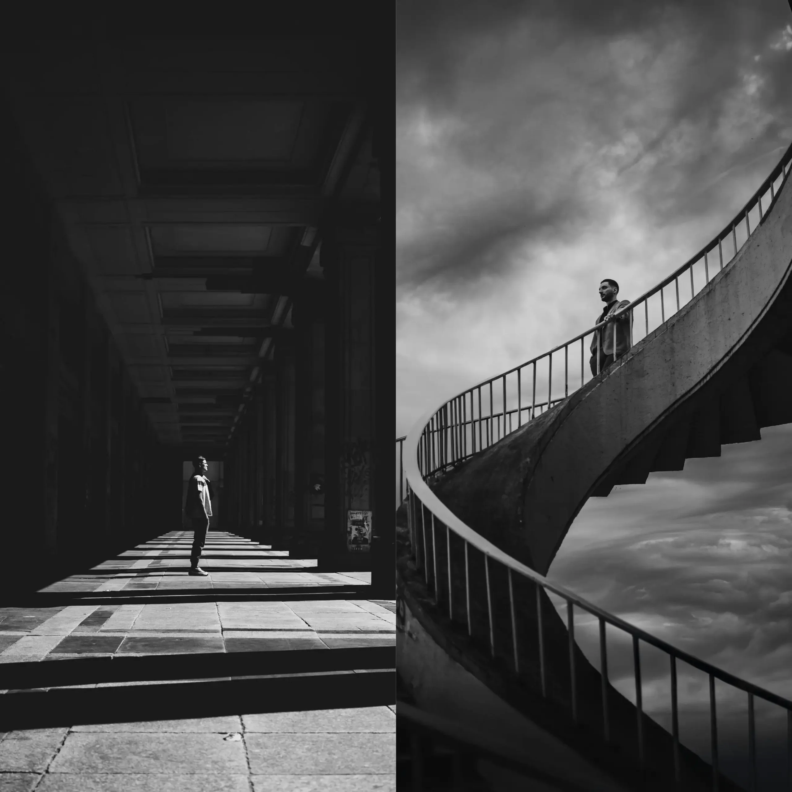 Czarno - biała fotografia przedstawiająca mężczyznę stojącego na ciemnych, krętych schodach. Na drugiej fotografii mężczyzna wpatruję się w dal będąc na placu pod dachem.