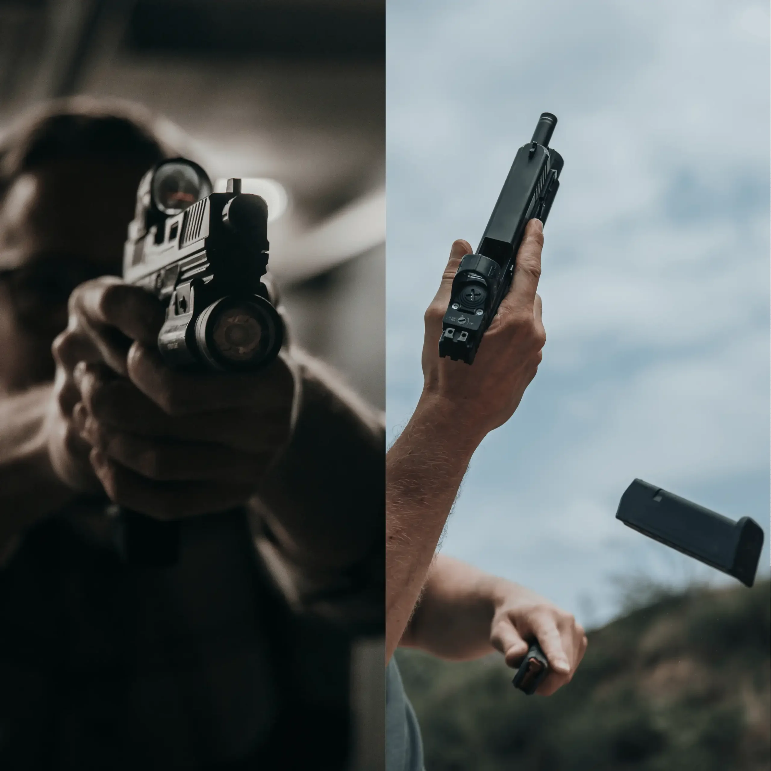 Mężczyzna trzymający pistolet z latarką i przeładowujący magazynek.