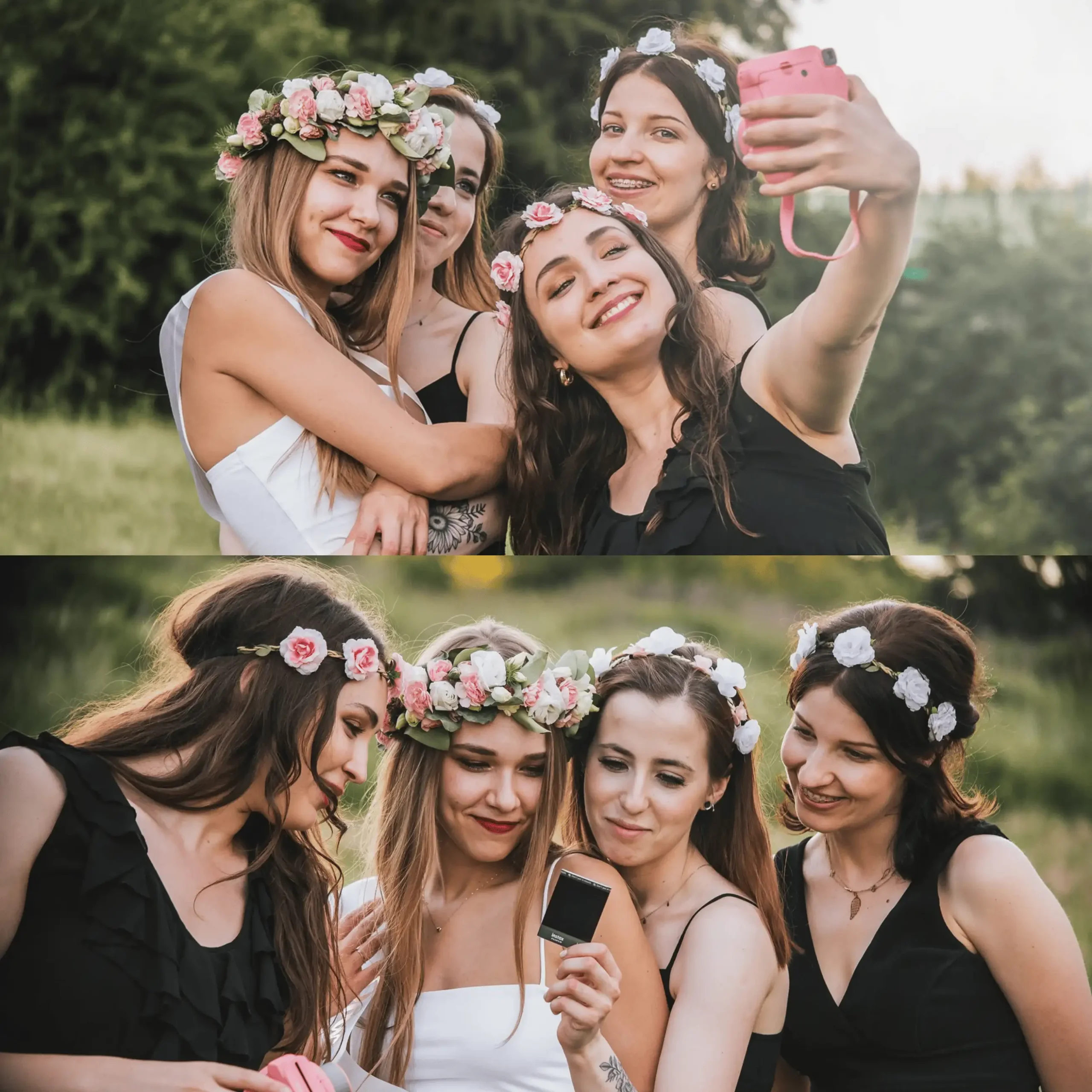Druhny wraz z panną młodą robiące sobie zdjęcia grupowe.