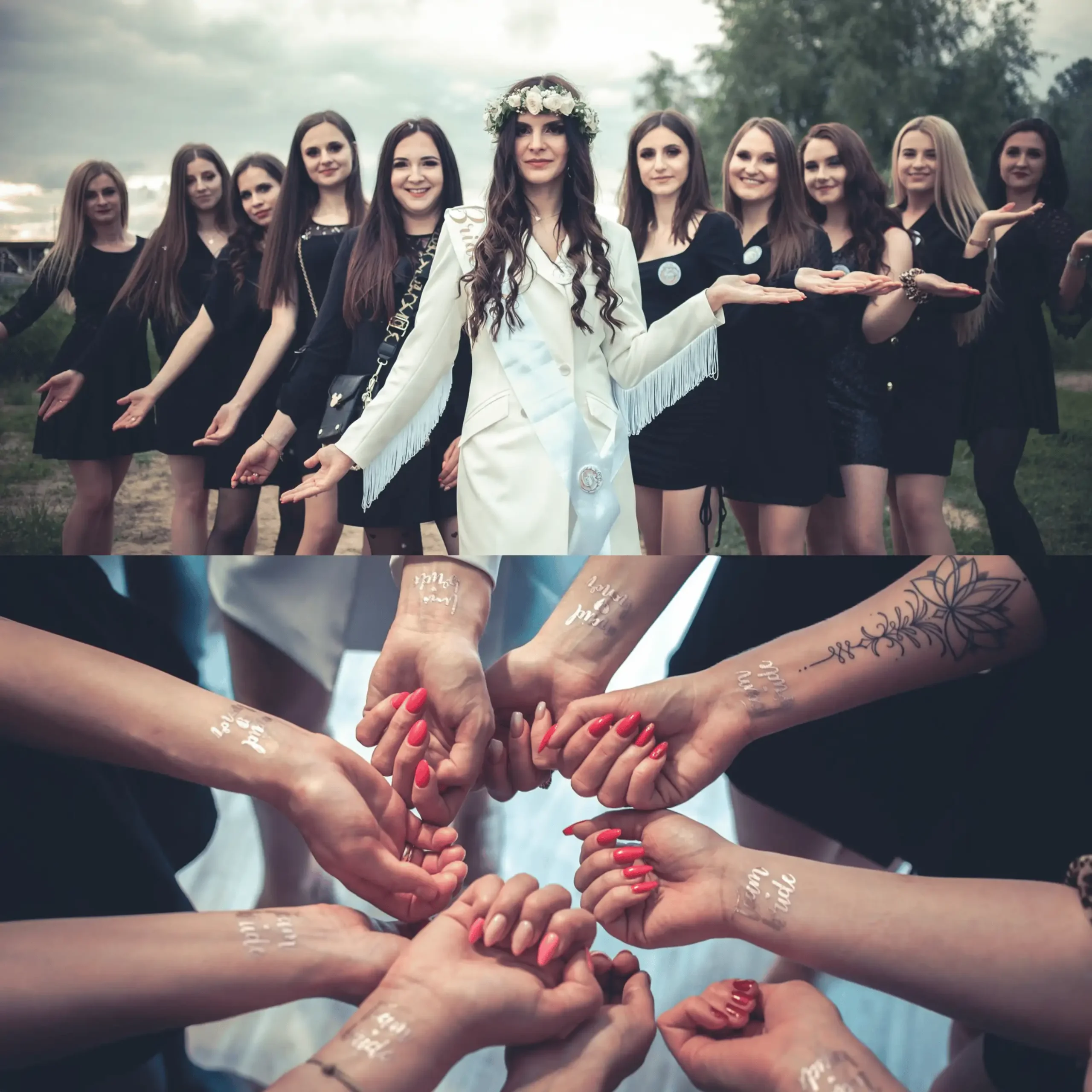 Druhny wraz z panną młodą na tle wiejskiego krajobrazu i mające na nadgarstkach napis "Team bride".