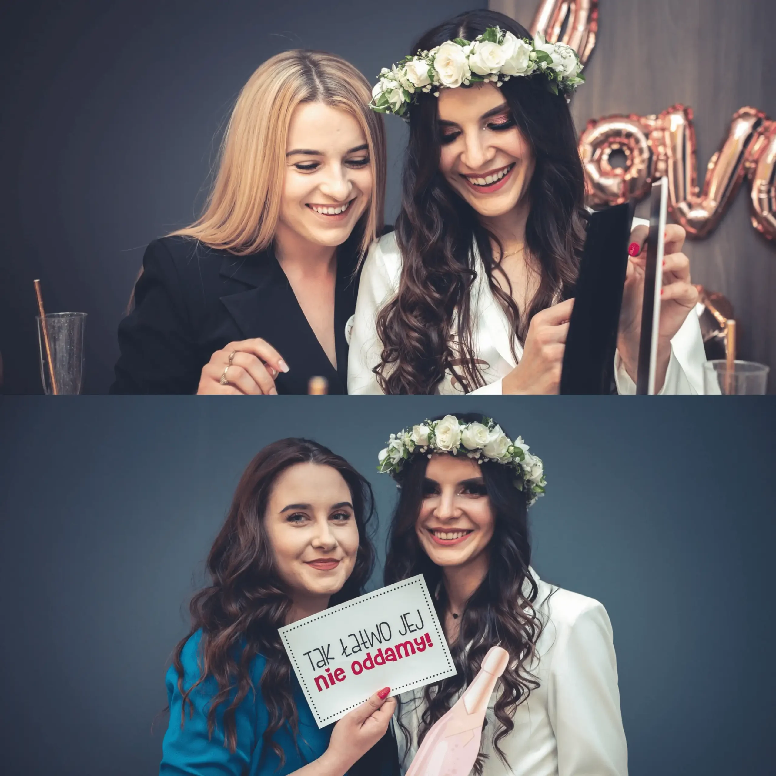 Dwie fotografie druhen z panną młodą.