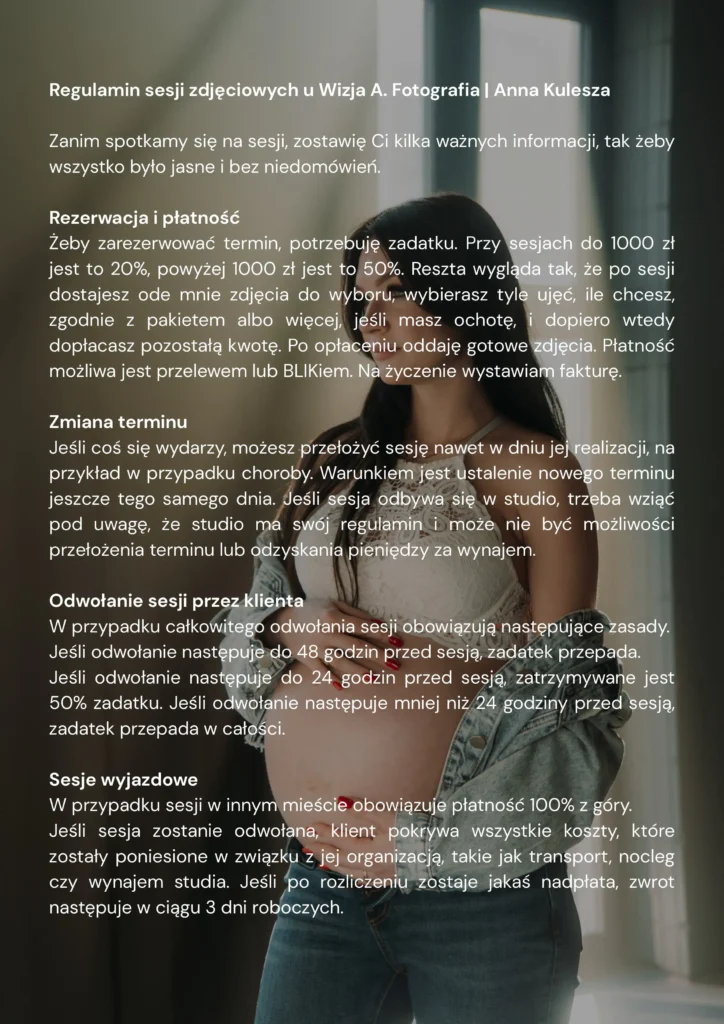 Pierwsza strona regulaminu sesji fotograficznych. W tle zdjęcie młodej kobiety w ciąży.