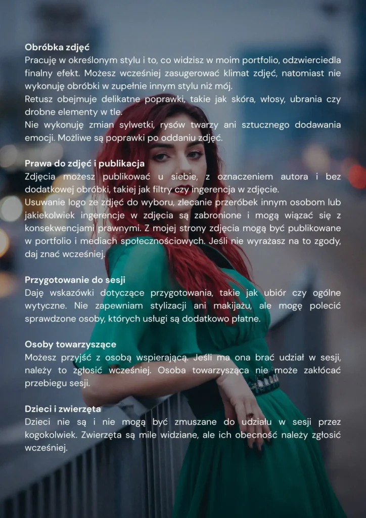 Trzecia strona regulaminu sesji fotograficznych. W tle zdjęcie młodej kobiety w zielonej sukience, która opiera się o barierki przy drodze.