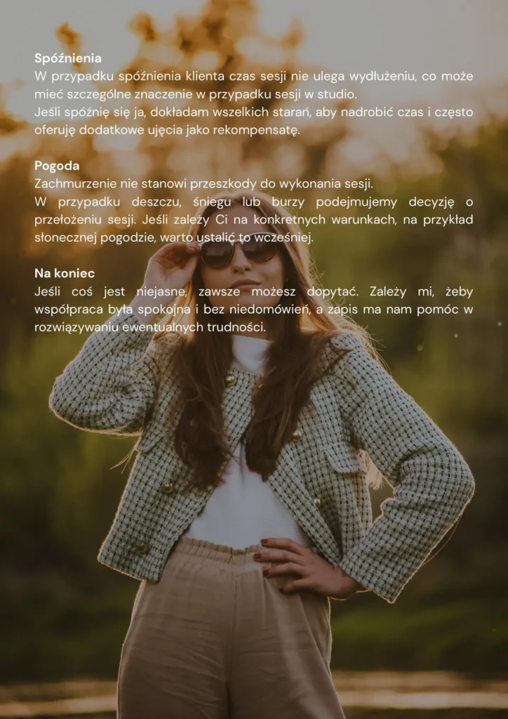 Czwarta strona regulaminu sesji fotograficznych. W tle zdjęcie młodej kobiety w okularach przeciwsłonecznych na tle lasu.